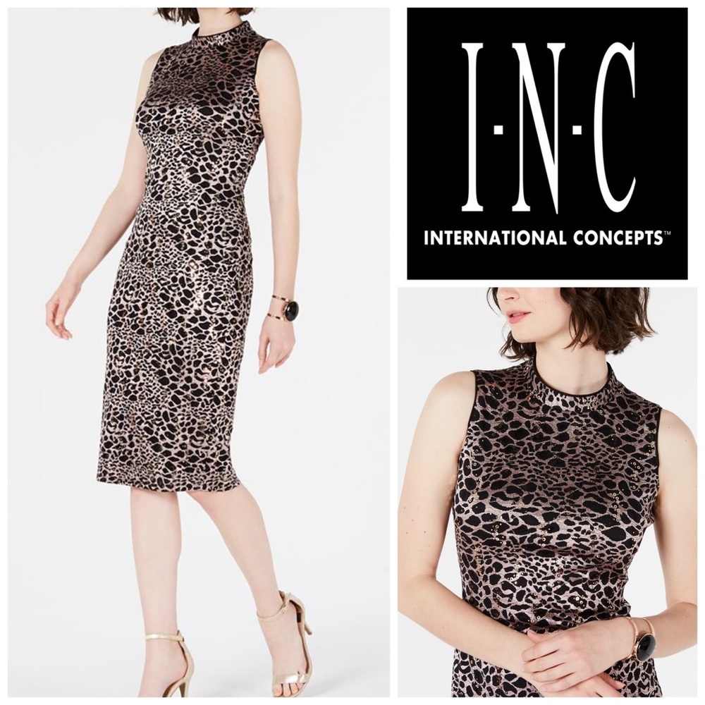 INC Mock-Neck Sequin-Lace Dress Black/Gold Sz 10
